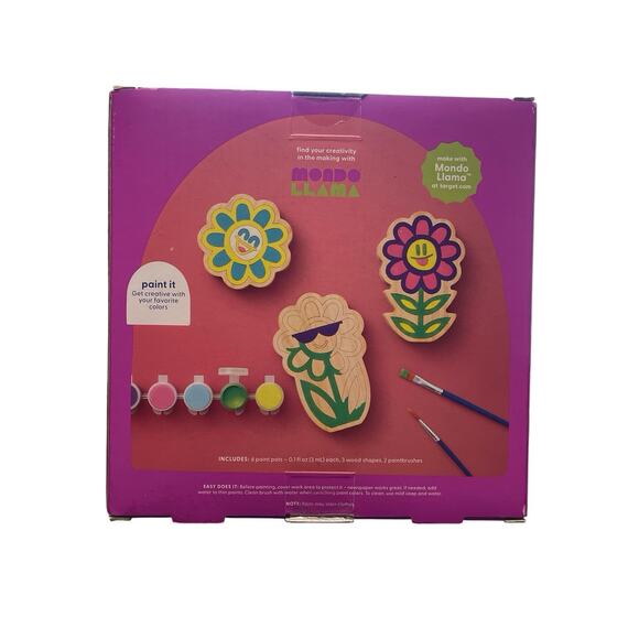 Mondo Llama Paint Your Own Wood Flowers Kit 1 Kit Paint & Brushes Includes NIB! - Picture 2 of 2